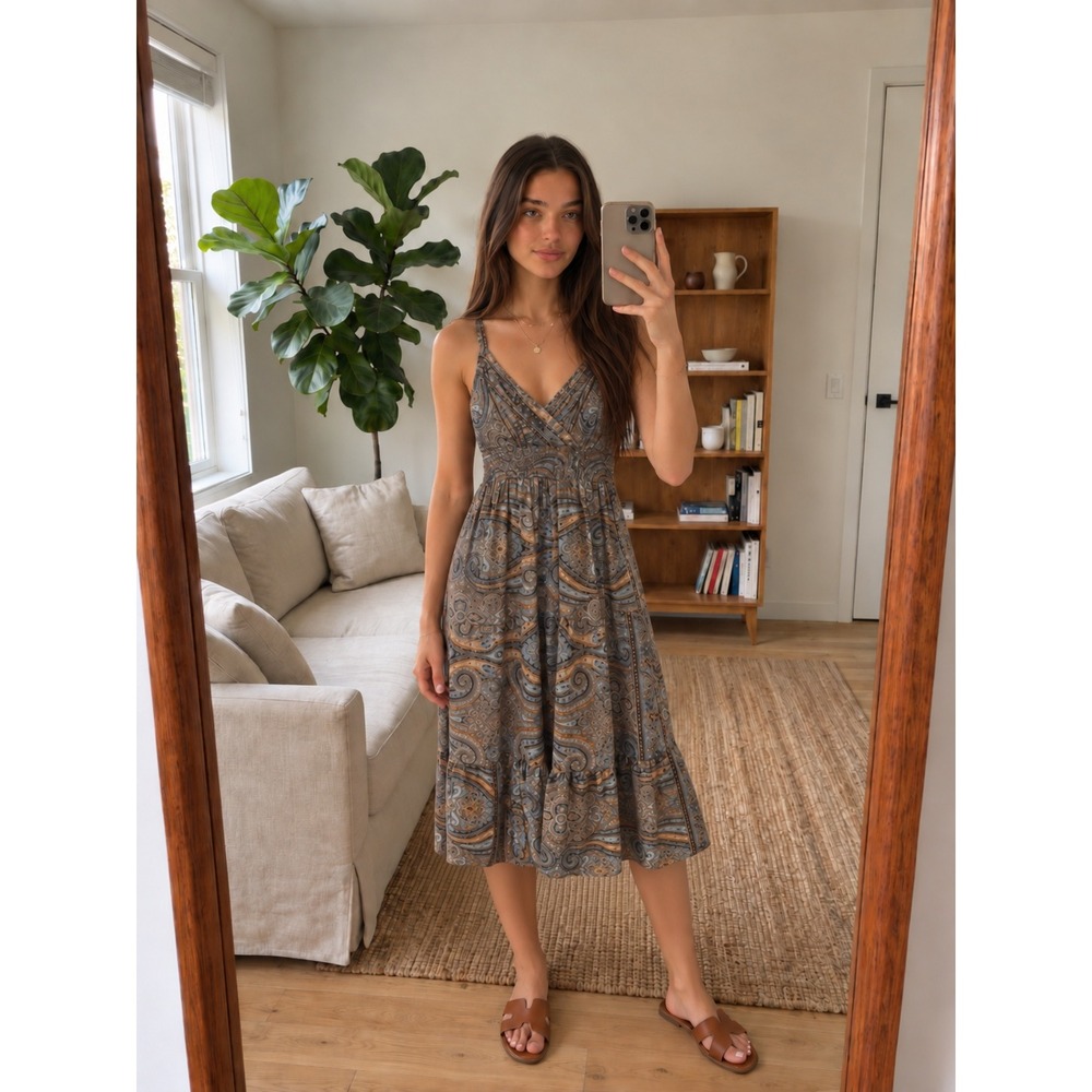 Womens Silk Babydoll Midi Dress Size S Brown Paisley Boho Earthy Hippie Indie